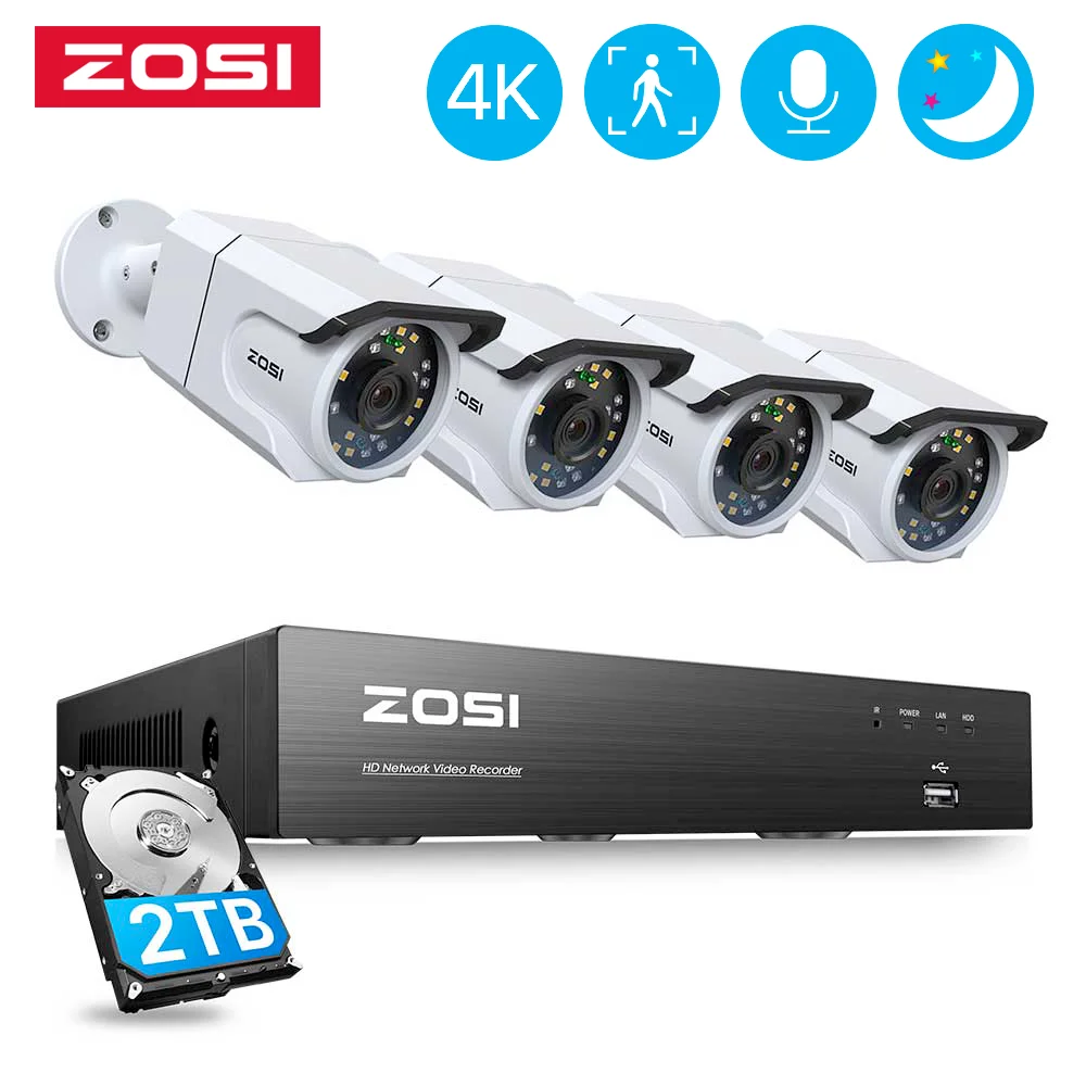 ZOSI 4K POE Security Surveillance Camera System Kit AI Face Detection Color Night Vision 8MP IP
