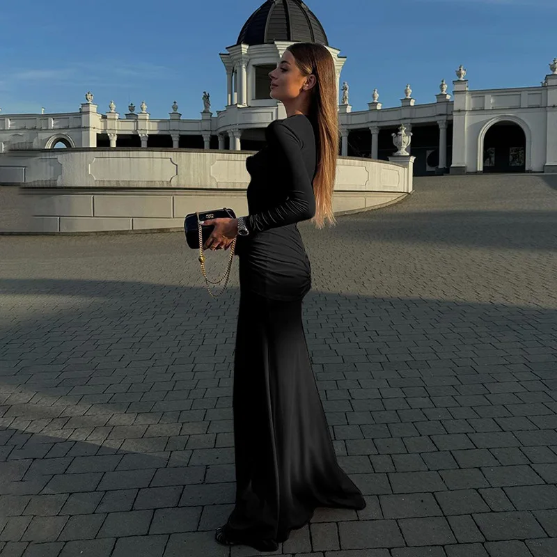 Sexy Slim Ruched Flower Maxi Dress For Women Long Sleeve Solid Party Streetwear Outfits Elegant High Elasticity Dresses