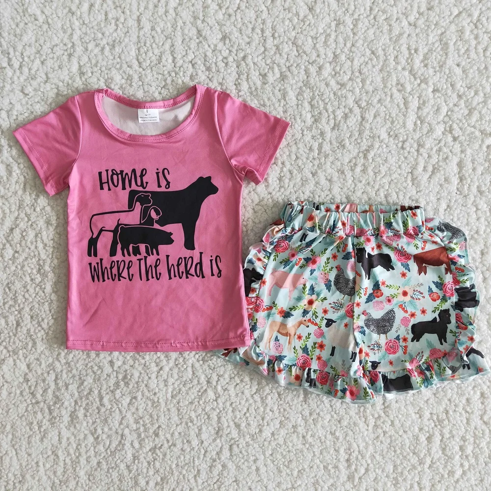 

RTS Wholesale Farm Style Kids Clothes Short Sleeve Ruffle Shorts Sheep Horse Print Girls Shorts Summer Outfit