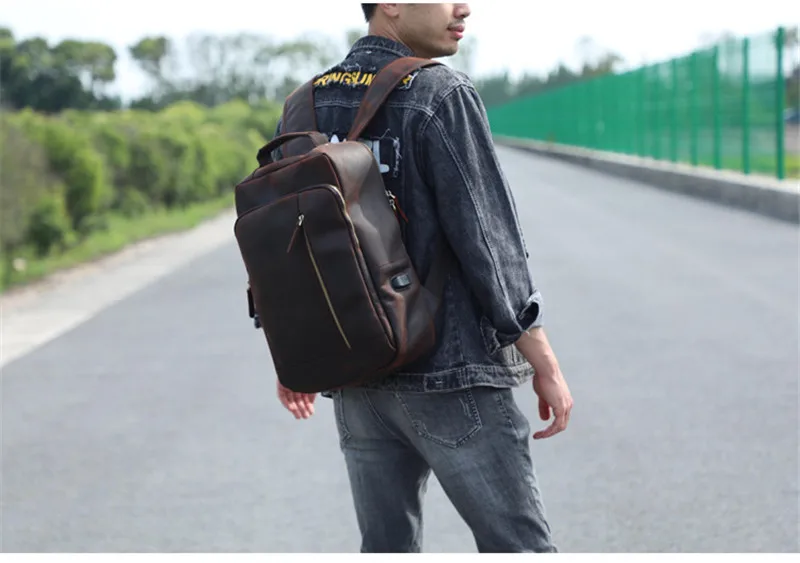 Vintage Crazy Horse Rindsleder Herrenrucksack, hochwertiger, luxuriöser, natürlicher Echtleder-Rucksack für Outdoor-Reisen, Laptop-Rucksack, Schultasche – Detail 5