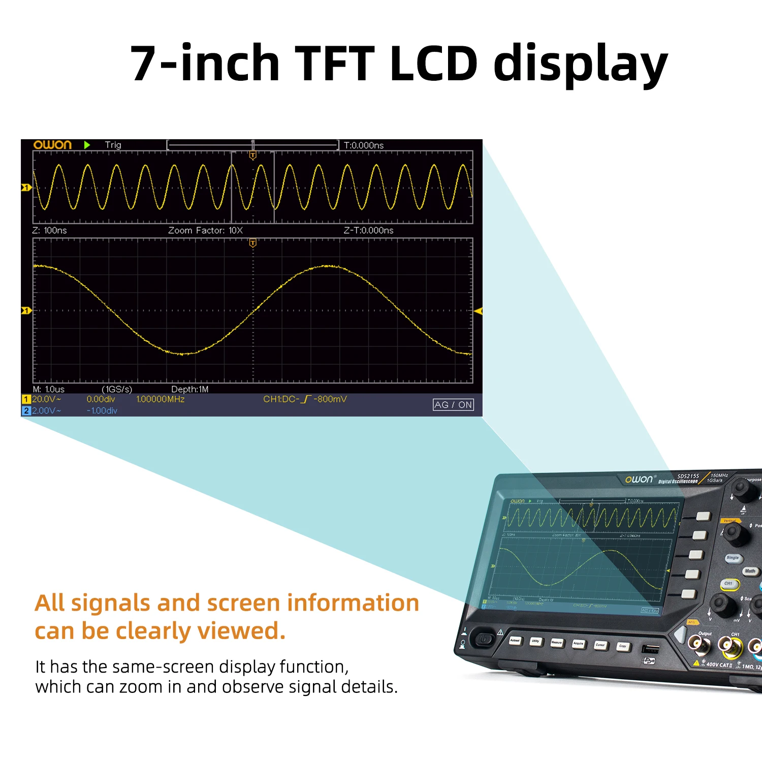 Owon Digital Oscilloscope SDS200 2-channels 100Mhz 150Mhz 200Mhz 1GS/s FFT+ 25MHz 14Bit Signal Generator SDS210S SDS215S SDS220S 4