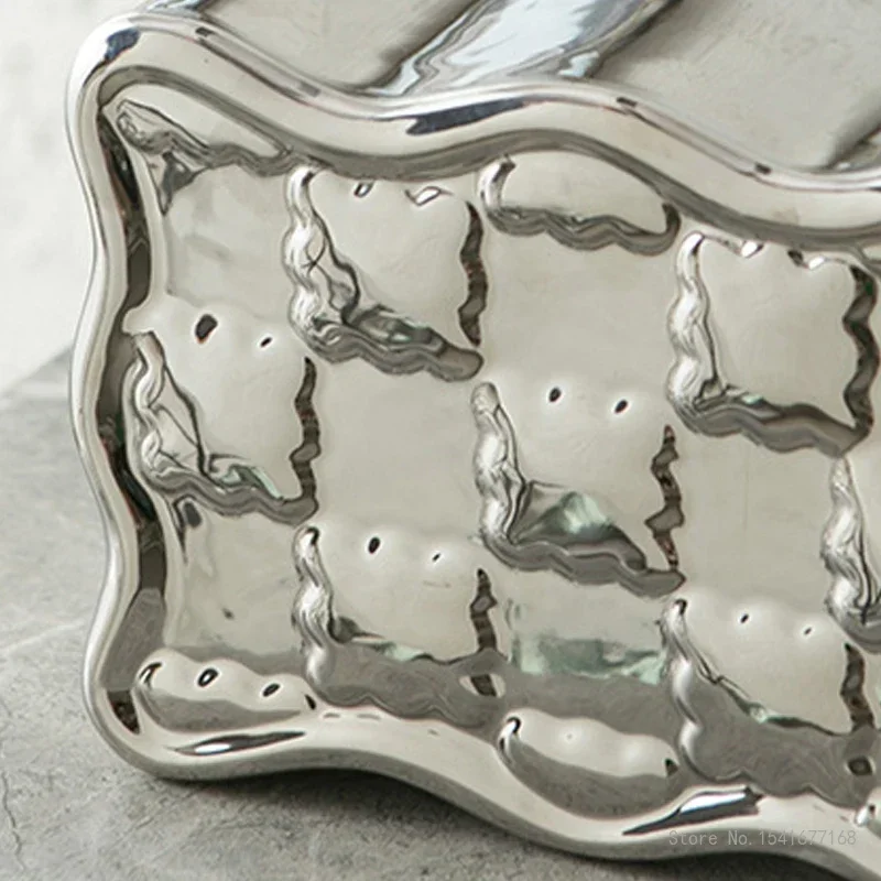 Creative Electroplated Silver Ceramic Tissue Box, Nordic Style, Home Living Room, Bedroom, Bathroom, Dining Table Decoration 1Pc