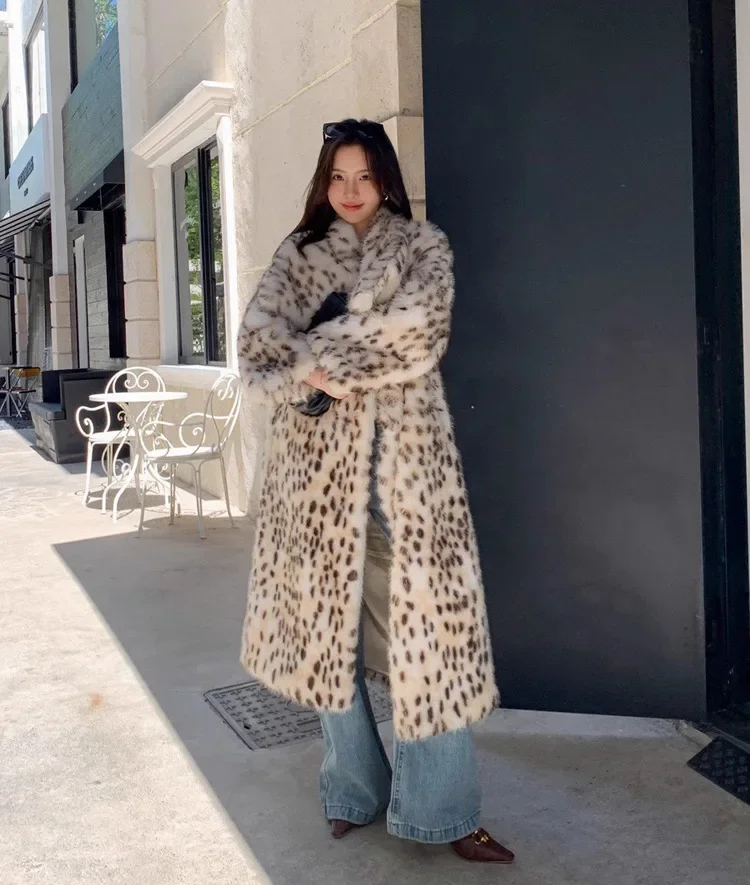 Description Picture 6 of itemS-9XL Winter Thick Warm Big Turn-down Neck Yellow Dot Windbreaker Coat Women Faux Mink Fur Leopard Long Overcoat Loose Trench