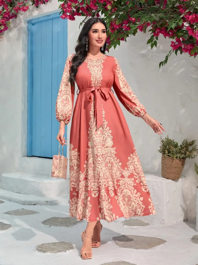 

Chic Long Sleeve Folk-custom Printed Dress For Women Lace Up High Waisted A-line Long Dresses Female Fashion Elegant Prom Robes