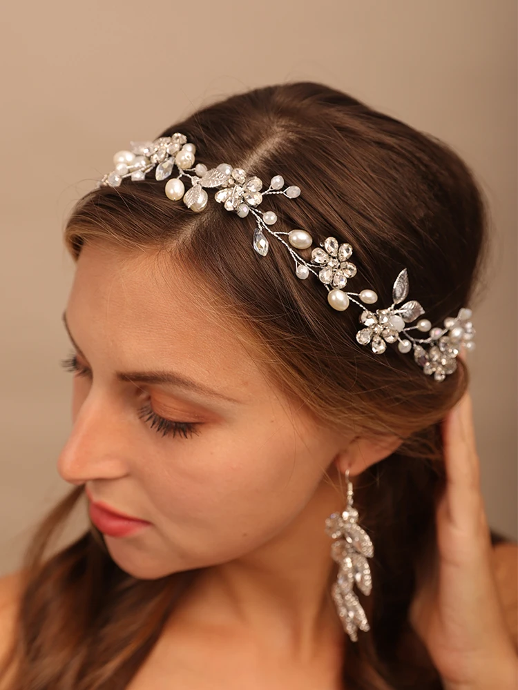 여성 헤드웨어 진주 라인스톤 꽃 신부 머리띠 크리스탈 웨딩 헤어 장식 파티 프롬 액세서리 신부 들러리 티아라