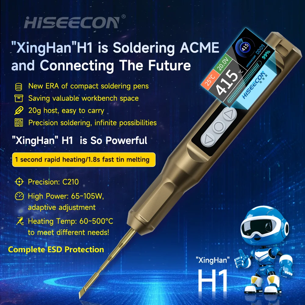 HISEECON H1 C210 Soldering Iron Station Adjustable Temperature PD 100W DC 24V 60-550℃ ESD Protection Logo Customized Repair Tool