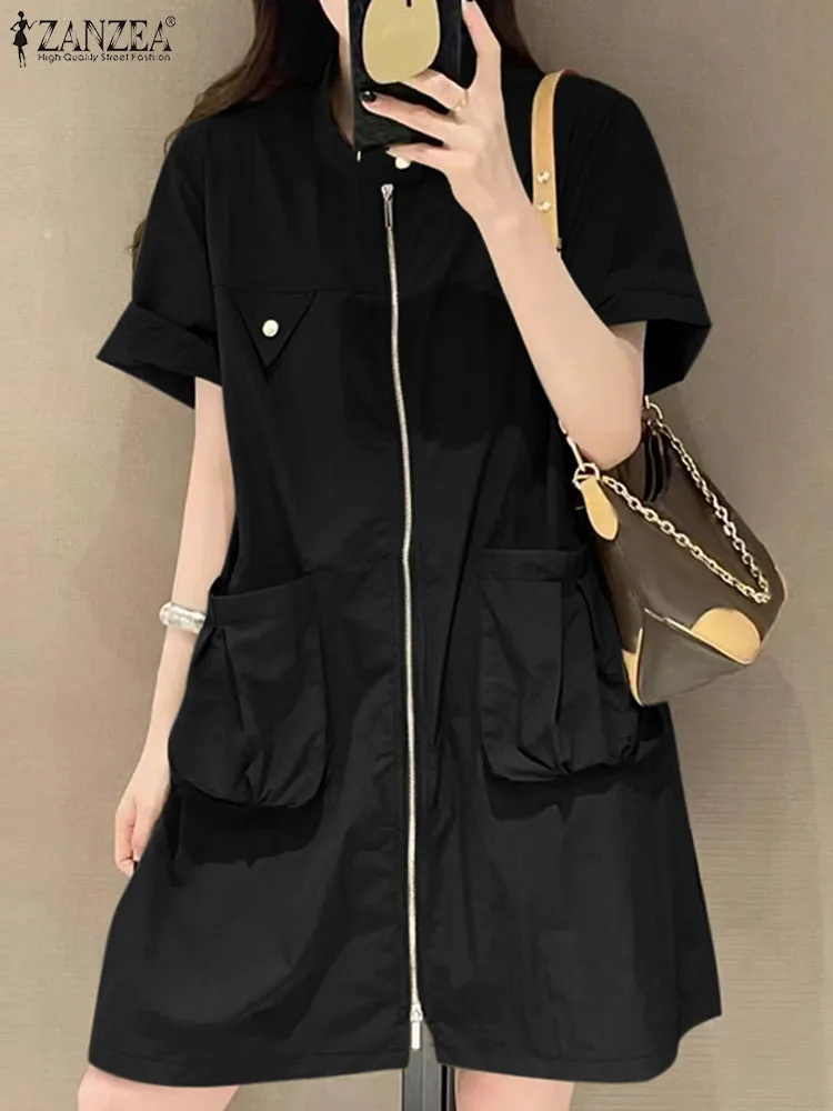 

ZANZEA Stylish Cargo Dress Women Summer Short Sleeve Zipper Up Solid Knee-length Sundress Fashion Pockets Casual Party Vestido