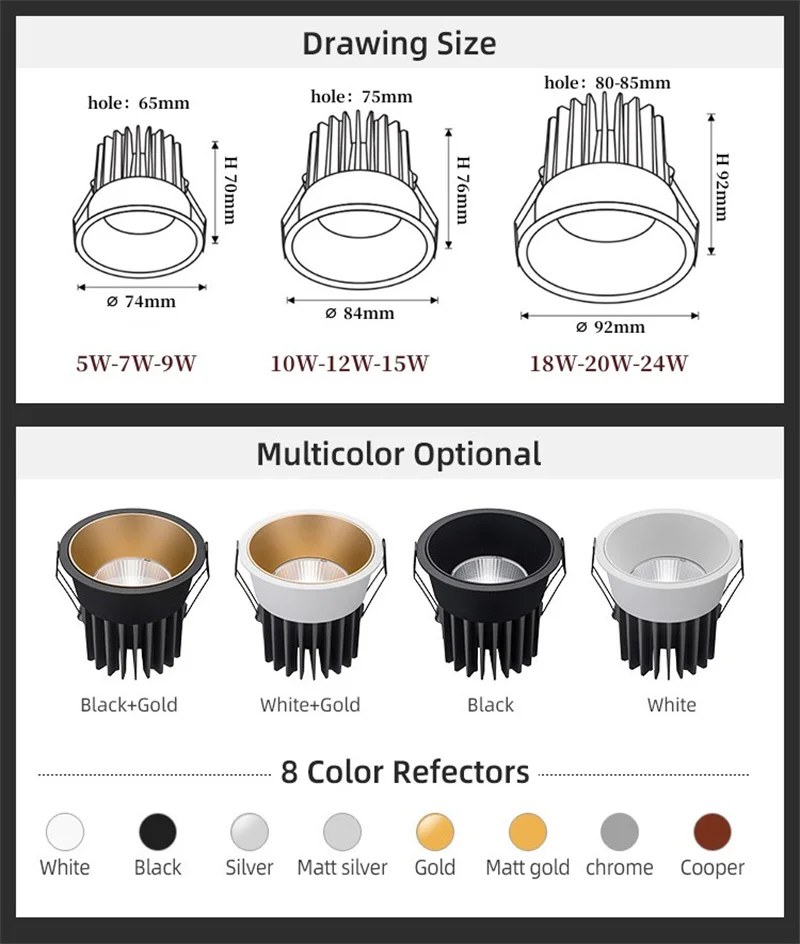 Dimmable Led Downlight Recessed Ceiling Spotlight Aluminum COB Light 5W-24W AC110V 220V Home Office Store led downlight recessed ceiling spotlight