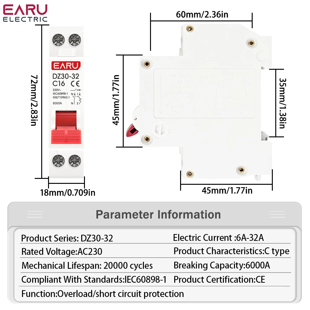 DZ30-32 DPN 1P+N Mini Circuit Breaker MCB 6A 10A 16A 20A 25A 32A Din Rail Mounti