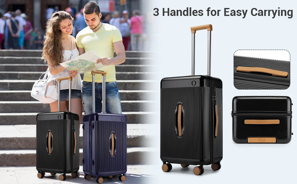 Hard-shell suitcases with three handles for easy carrying. Shows black suitcase with gold accents and a navy blue option.