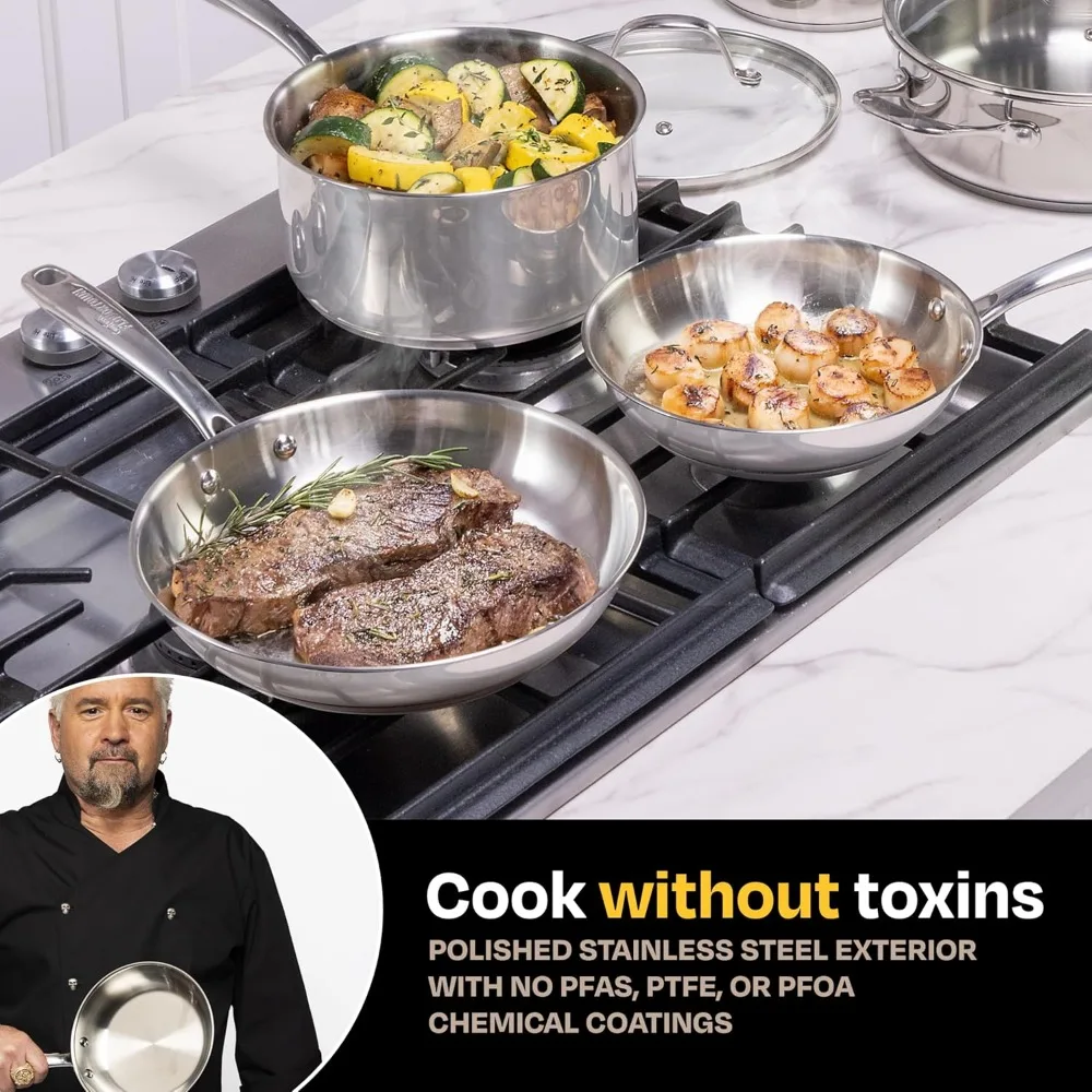 Guy Fieri's Flavortown 10-Piece Stainless Steel Cookware Set - Includes Frying Pans, Saucepans, Saute Pan and Stock Pot - Non-To