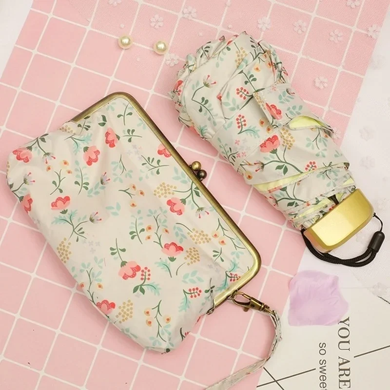Women Ultralight Mini Flat Handle Five Fold Umbrella Floral Sunny and Rainy Umbrella Rain With Storage Handbag