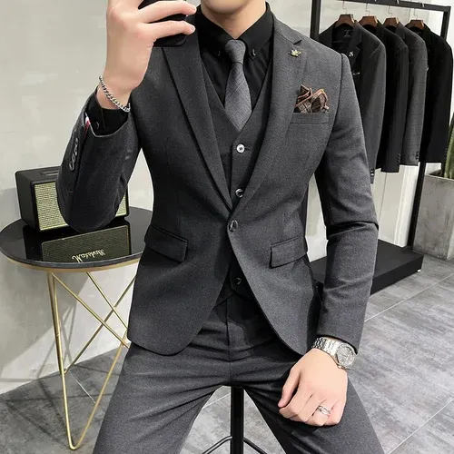 ( Jacket + Vest + Pants ) High-end Brand Boutique Fashion Solid Color Mens Casual Business Suit 3Piece Set Groom Wedding Dress - Dark Gray, Asia 5XL (EUR XXL)