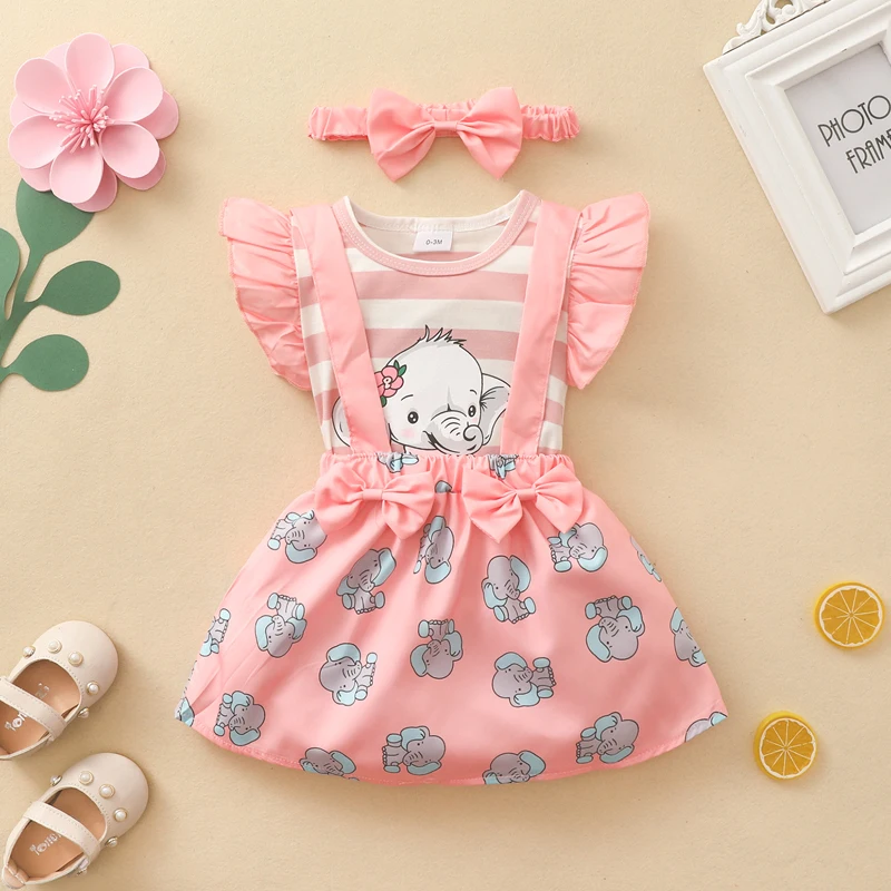 

Newborn Baby Outfits 3PCS Romper Strap Skirts Headband Set Infant Summer Cartoon Elephant Stripes Tops Bow Dress Clothing