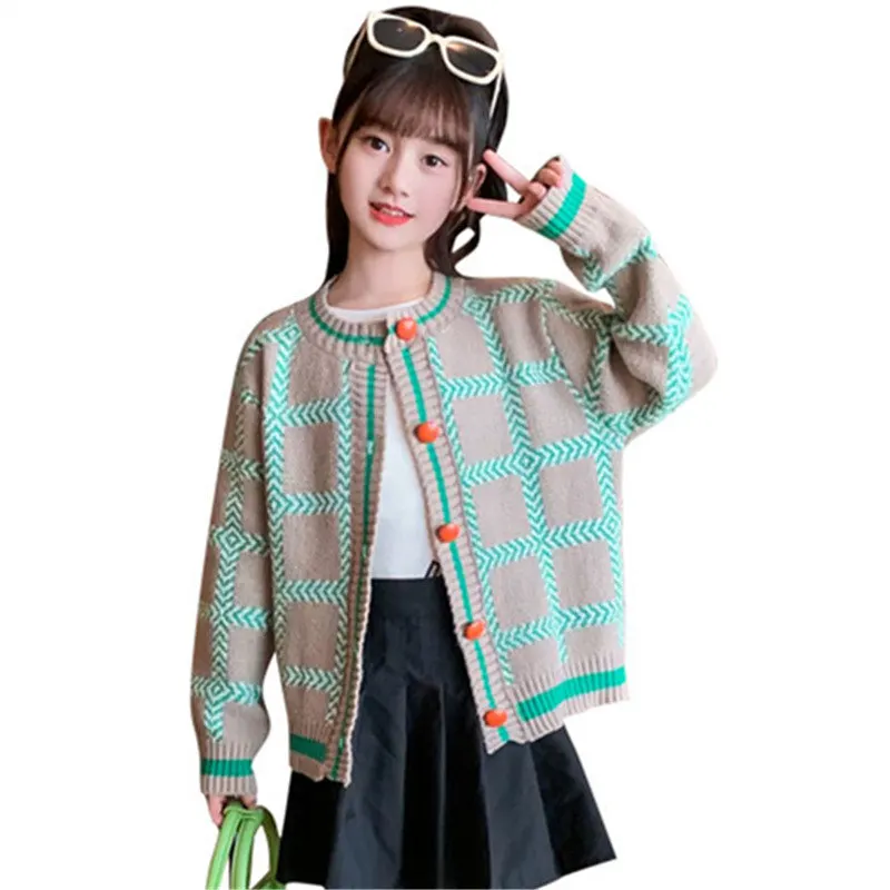 

Baby Girl New Arrival Knitwear Cardigan Fashion Plaid Pattern Tops Korean Retro O-Collar Coat Baby Children Spring Fall Clothes