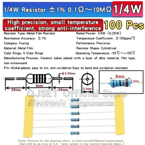 100pcs 1/4W Metal Film Resistor Element 1% 0.25W 1K 1.5K 2.2K 4.7K 10K 22K 47K 100K 470k 100 220  4K7 Ohm 5 Color Ring Resistors - Image 7