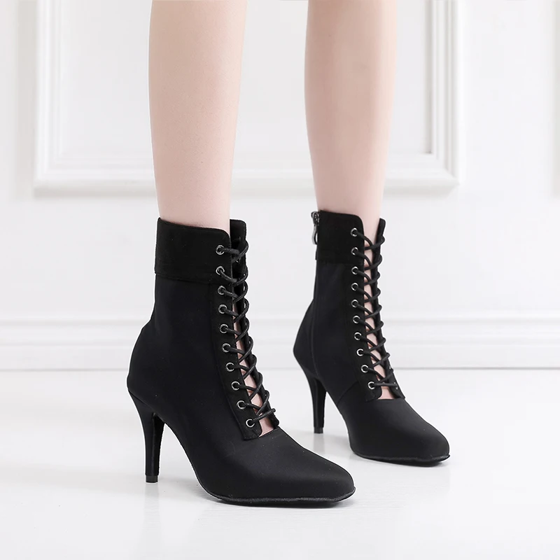 Ladies Black Lace Up Dance Boots Women Elastic Band Jazz Dancing Shoes Woman Closed Toe High Heel Booties for Girl 7.5cm-11cm