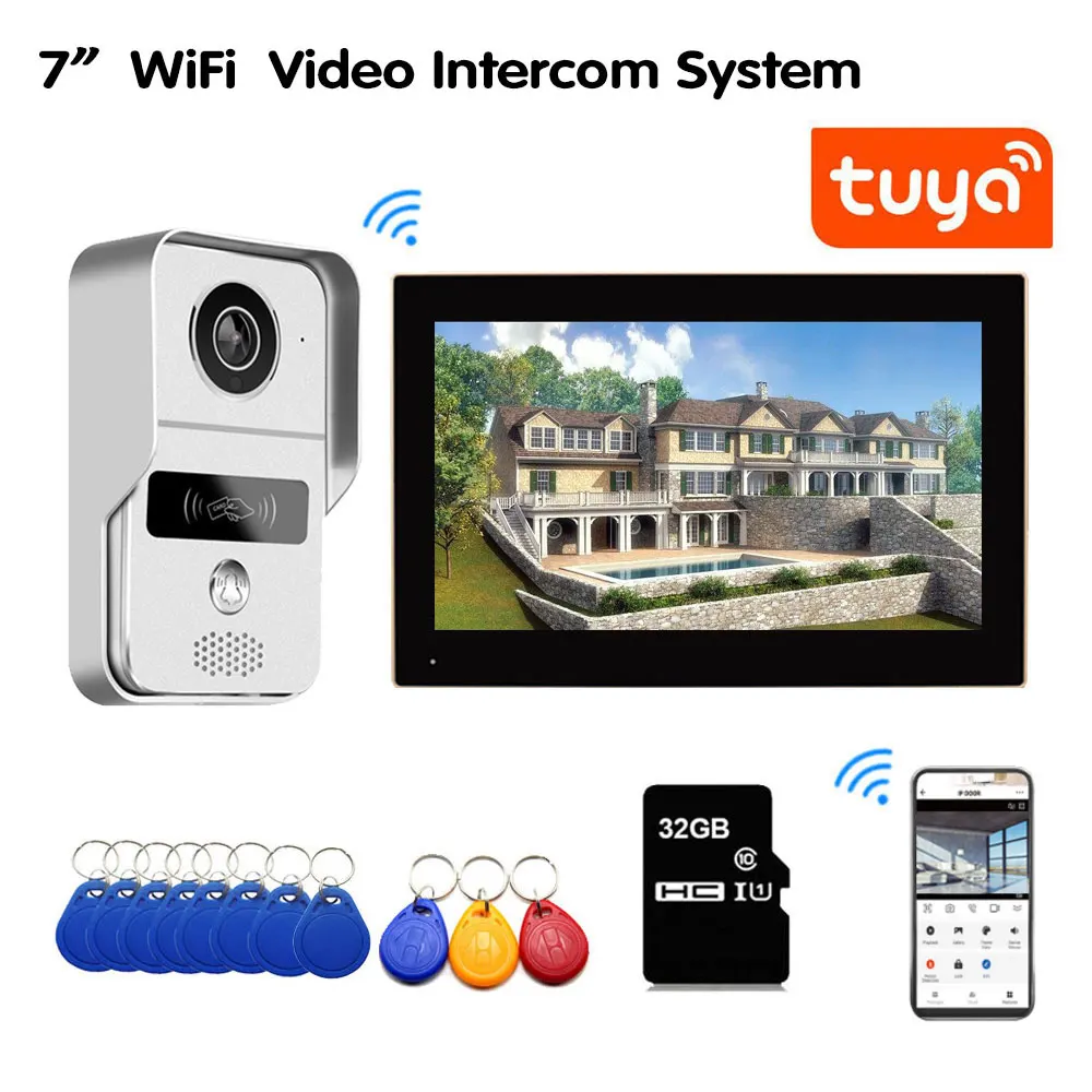 7 inch Touch Screen Monitor Wireless Wifi Smart Video DoorPhone Intercom System Doorbell Camera with 1080P Wired Doorbell Tuya