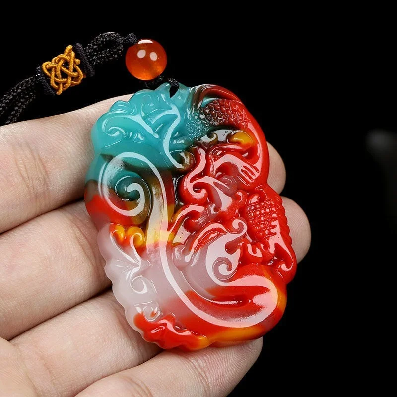 

Natural Colorful Jade Dragon and Phoenix Pendant Men's and Women's Fashion All-match Sweater Chain Pendant Jewelry