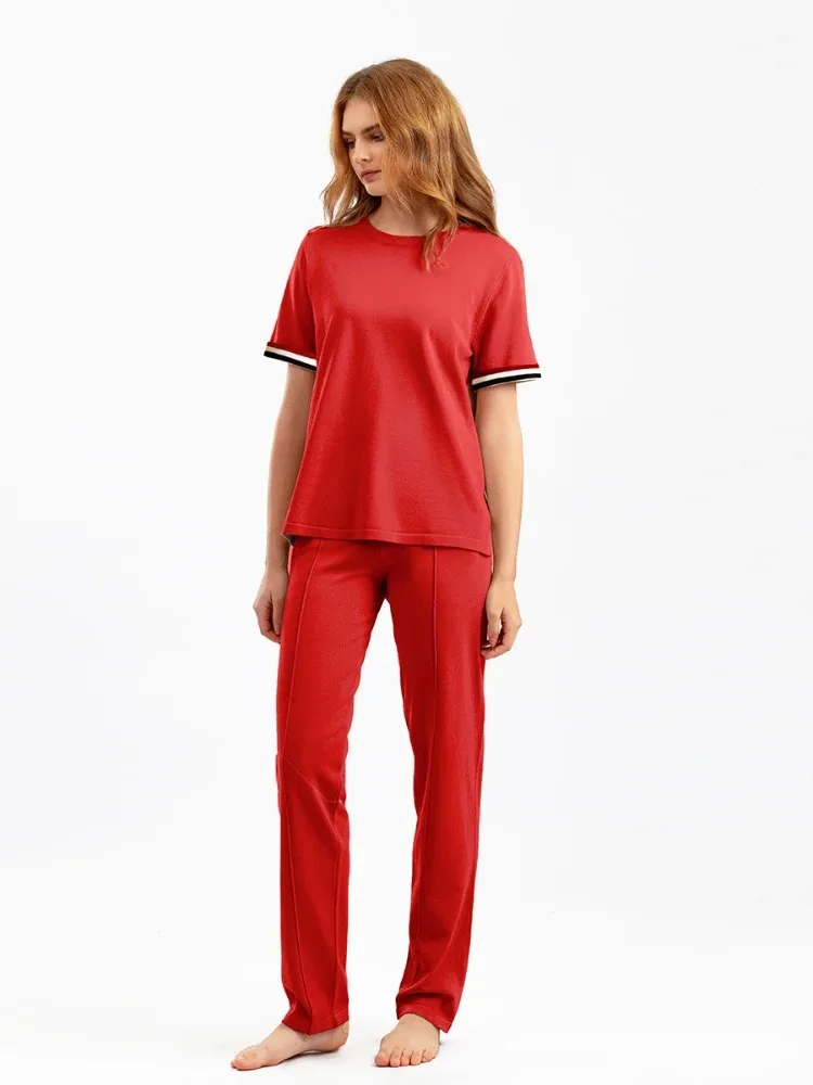 

Spring Summer Women's Fashion Knitted Pant Sets Suit O Neck Short Sleeve Pullover Loose Wide Leg Trousers 2 Piece Set Outfits