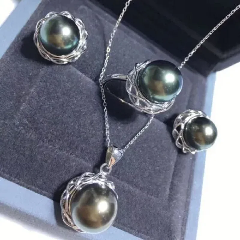 

Gorgeous AAAA++++10mm south sea Black pearl pendant &earring& ring set 925s.