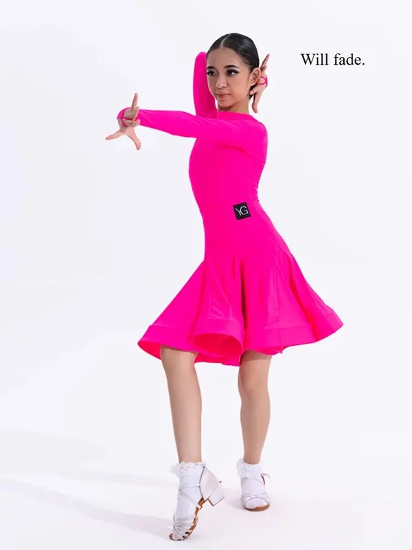 Girls Latin Dance Competition Clothing Glossy Fabric Long Sleeves Dance Dress Kids Cha Rumba Dance Practice Training Wear - Image 15