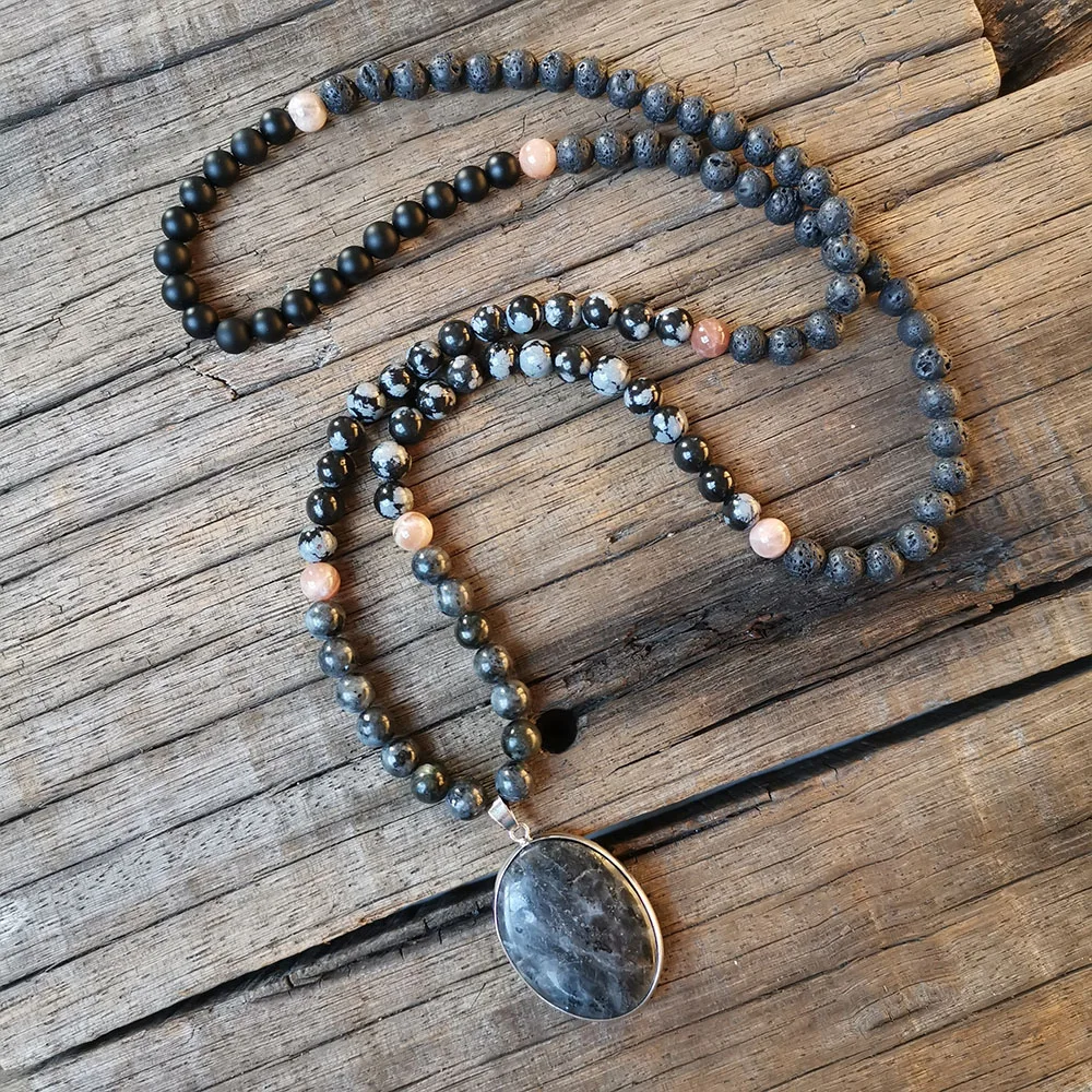 8mm Blacke Labradorite Pendant,Lava Stone Beads,Snowflake Obsidian Prayer Bracelet,Calm Necklace Jewelry,Meditation Beads