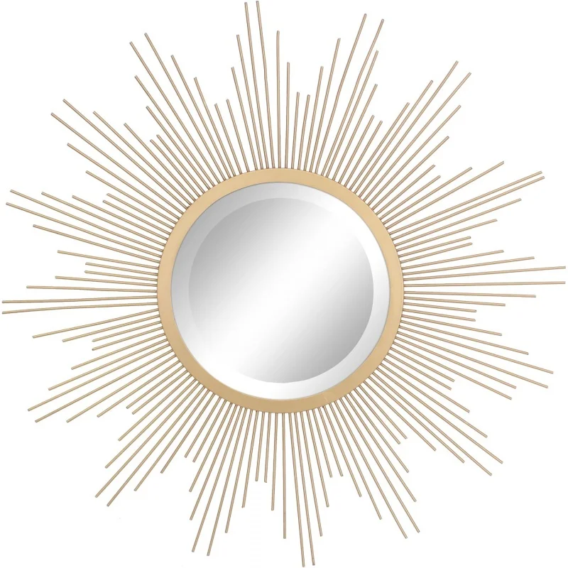 Round 23" Antique Gold Metal Starburst Hanging Wall Mirror with Attached Mounting Bracket, Decorative Decor for Living Room