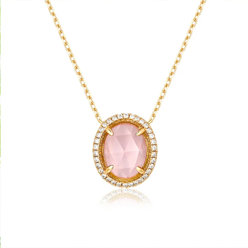 

Natural Rose Quartz Necklace S925 Sterling Silver Pink Crystal Zircon Oval Pendant Necklaces Women Fine Jewelry Accessories