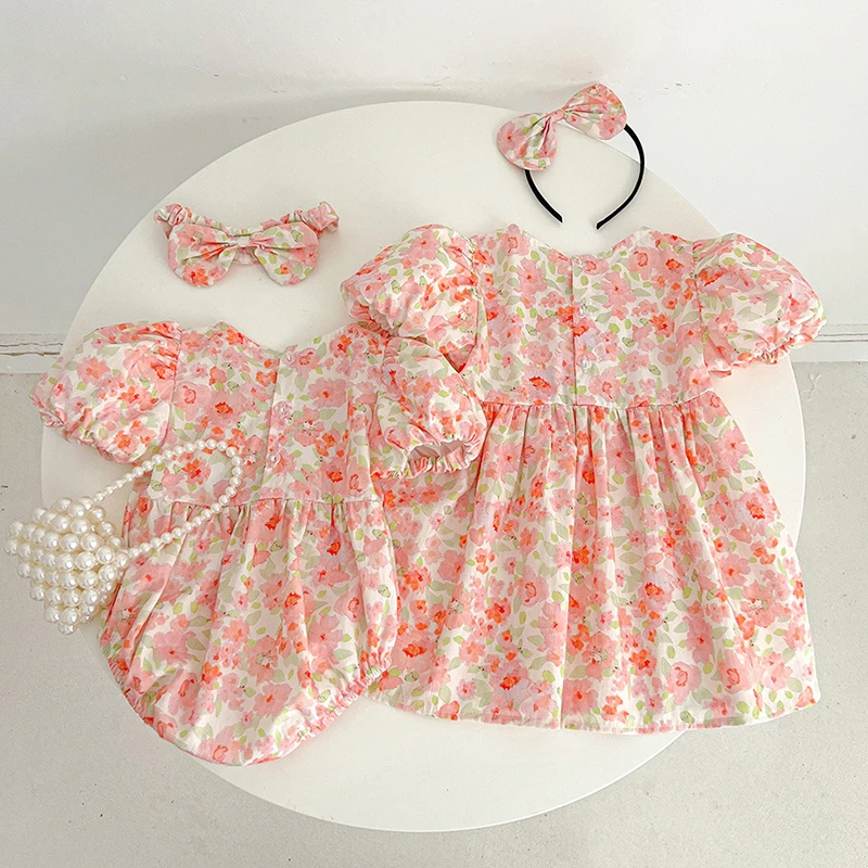 Summer Kids Baby Girls Short Sleeve Sisters Printing Dress Infant Rompers Baby Girls Sweet Princess Children Clothes Dress 2