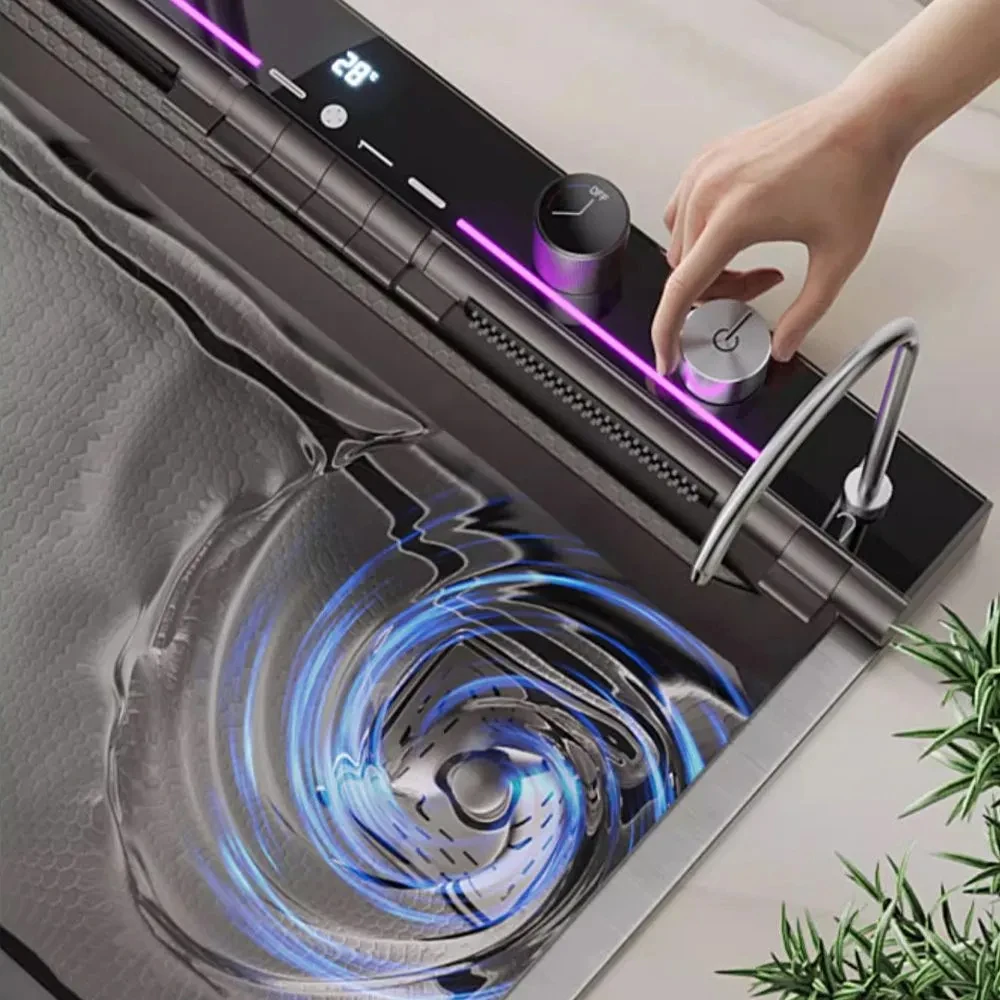 304 Stainless Steel Kitchen Waterfall Sink Digital Display Large Single Sink Dish Basin Multifunction Touch Waterfall kitchen accessories kitchen sink