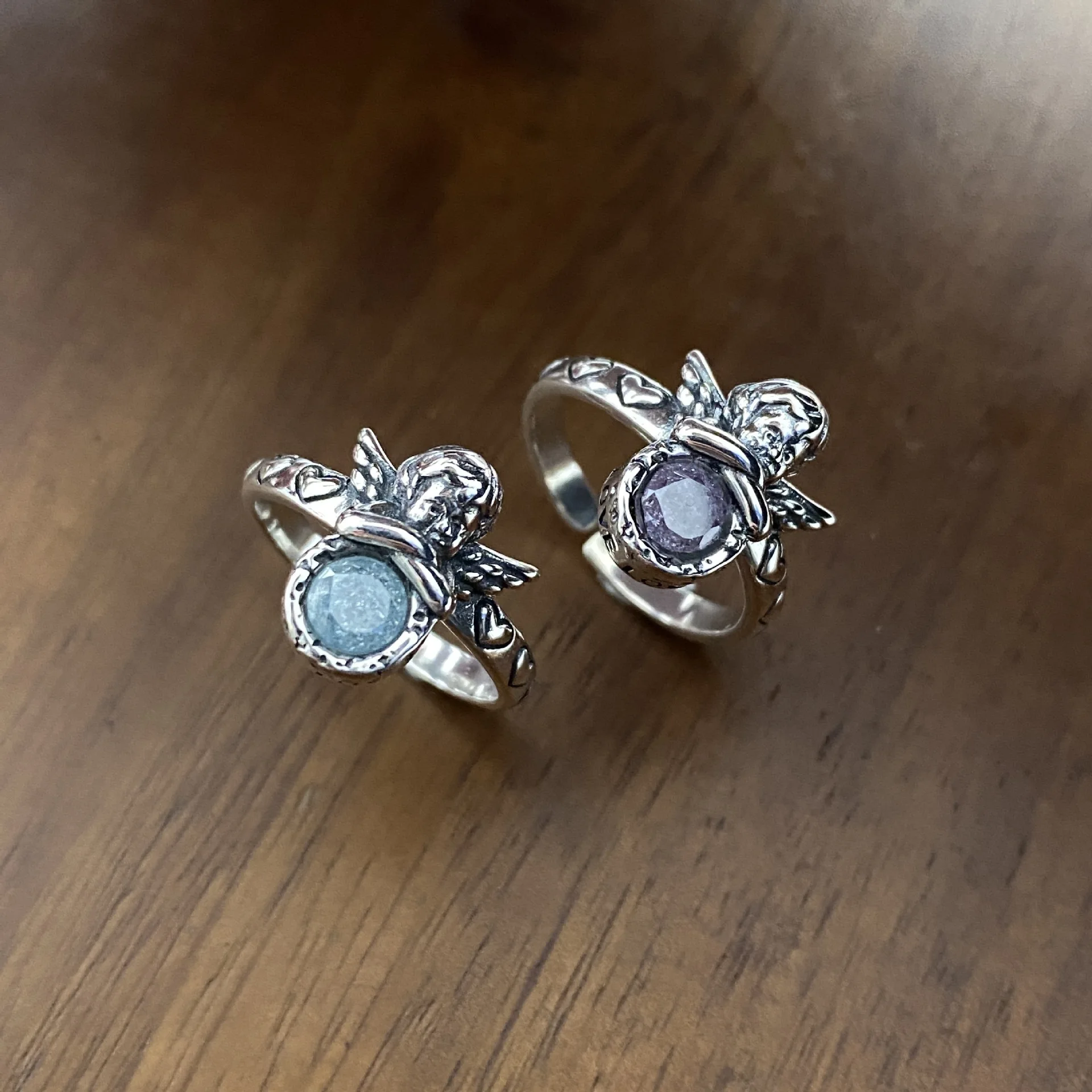 Fashion Silver Color Cherub Rings Purple/Blue Zircon Angel Wings Adjustable Ring For Women Girl'S Finger Ring Fine Jewelry Gifts