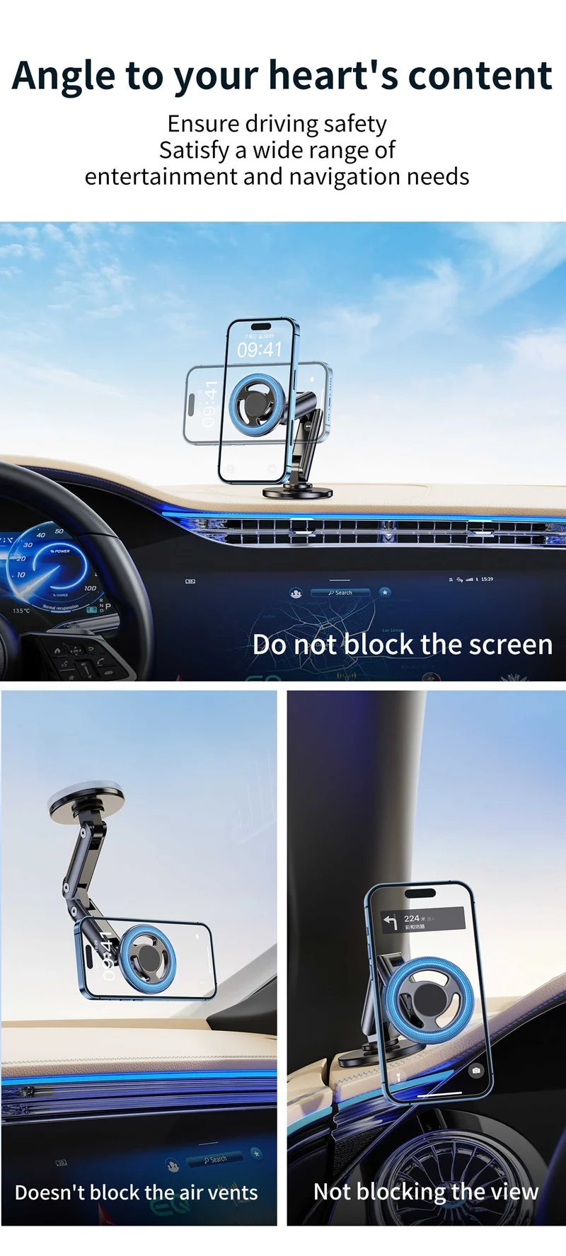 Magnetischer Autotelefonhalter, Legierung, 360-Grad-Drehung, faltbarer Telefonständer für iPhone 14, 13, 12, 11 Pro Max, Samsung S23 Xiaomi in der Autohalterung – Detail 10