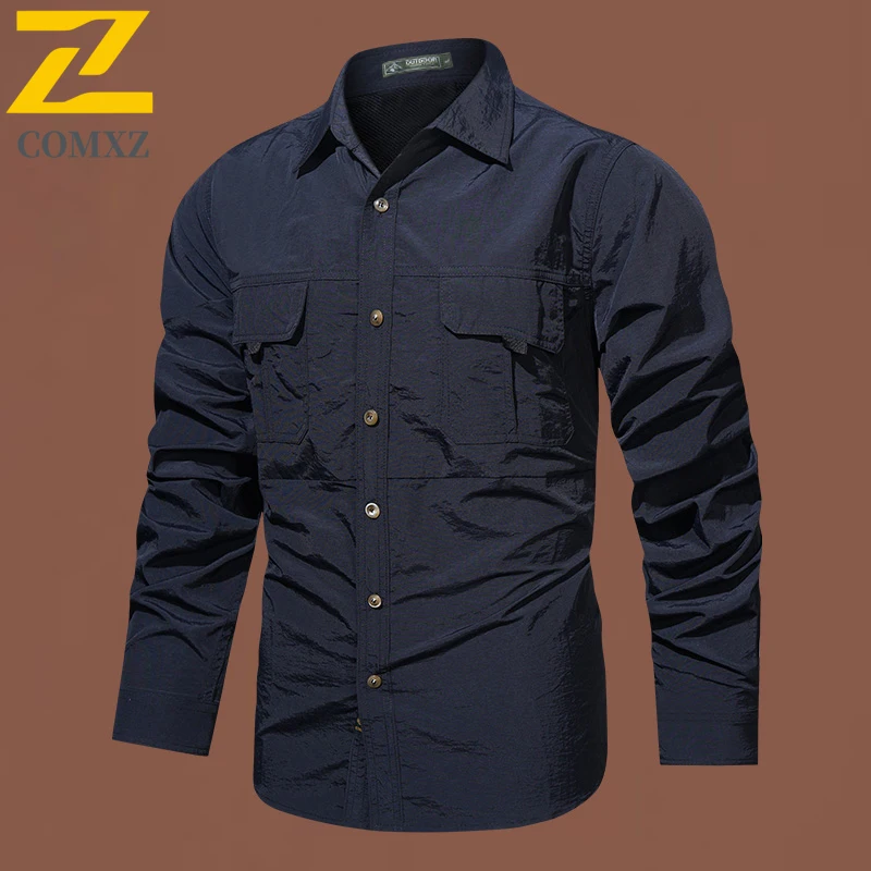 2025 New Men Tactical Shirt Long Sleeve Quick Dry Breathable Multi Pocket Outdoor Hiking Coat Thin Lightweight Camping Clothing