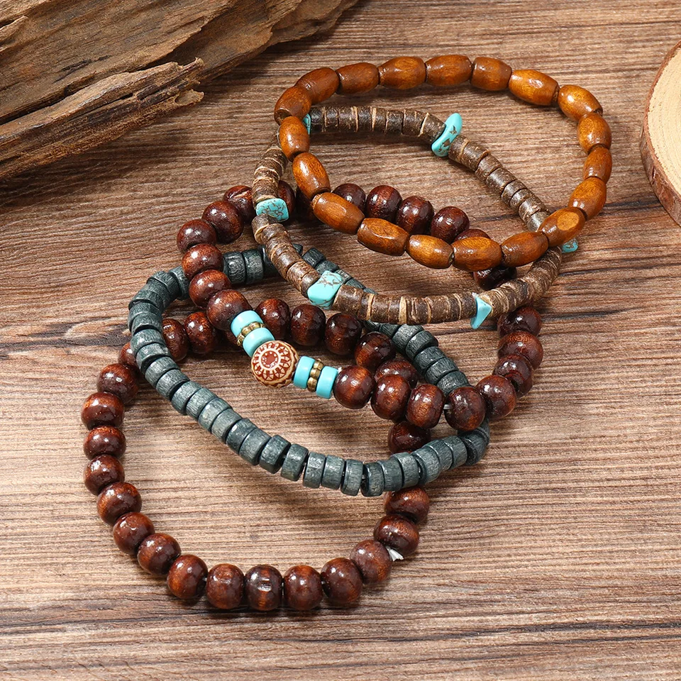 5-Piece Wooden Bead Bracelet Set - Stretch Fit, 19-23cm, Funky Boho Style For Men & Women
