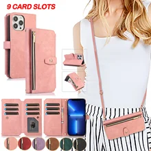  Crossbody Zipper Wallet Phone Case for iPhone 14 13 12 11 Pro Max Mini X XS X 8 7 Plus SE 2 3 Card Holder Lanyard Leather Cover 