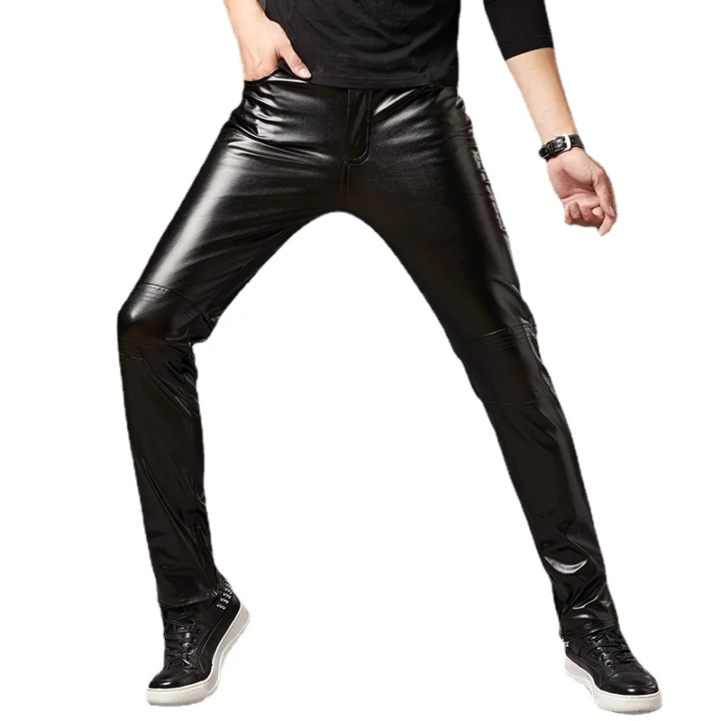 2026 Men's Silver Shiny Motorcycle PU Leather Pants, Brand Skinny