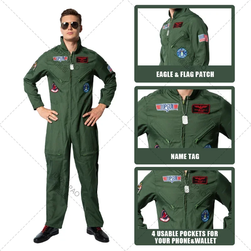 Top Gun Movie Cosplay American Airforce Uniform Costumi Di Halloween Per Uomo Adulto Army Green Military Pilot Tuta Astronauta