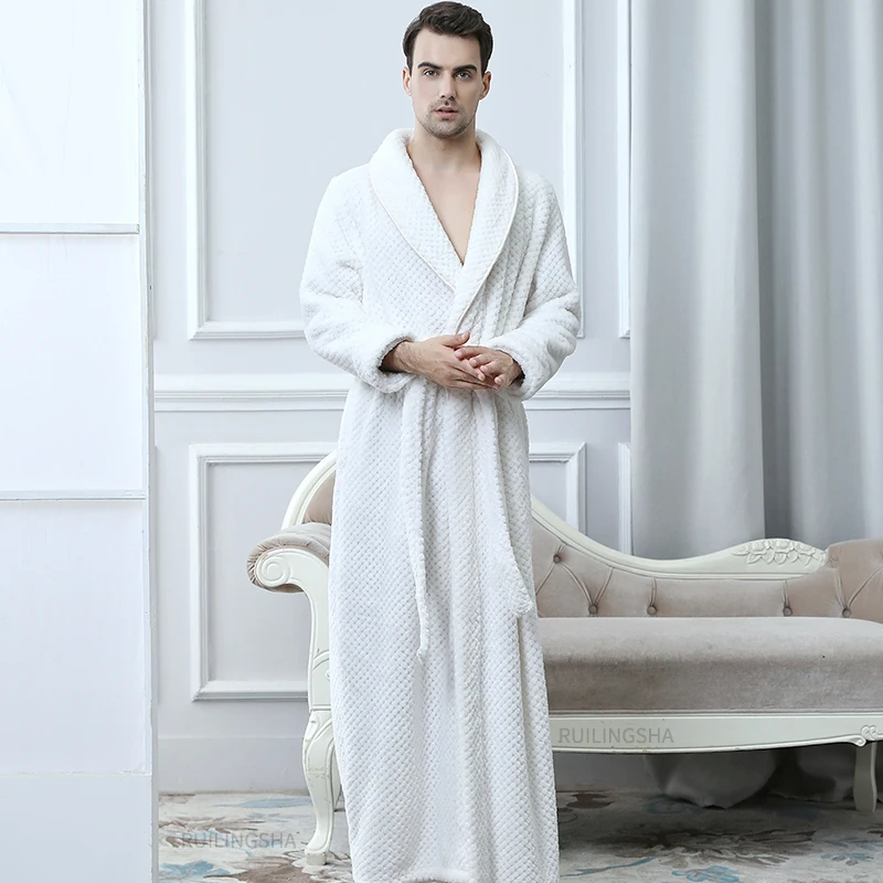 TENGTENGCAI Flannel Robe Bathrobe Dressing Gown,White MenS Fluffy Flannel Robe Plus Velvet For Warmth And Comfortable Lightweight Absorbent Kimono Travel One-Piece Home Service 