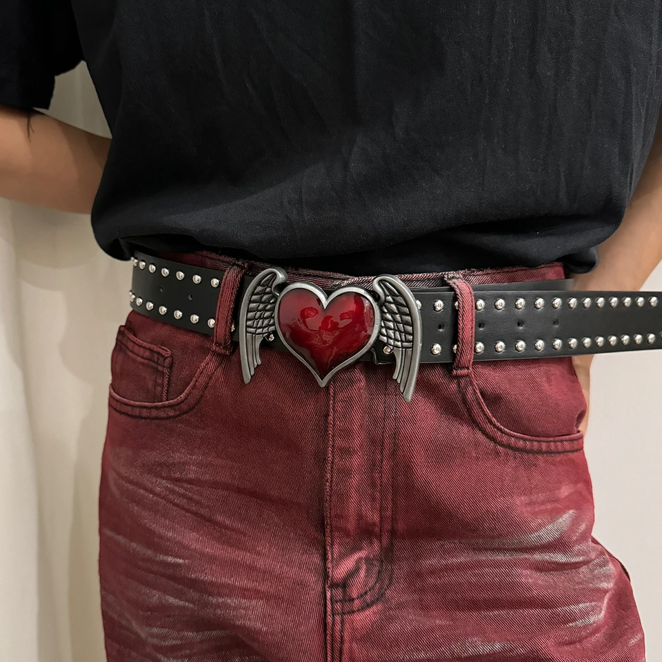 Unisex Jeans Belt Red Heart Wings Goth Y2k Fashion Belts For Women