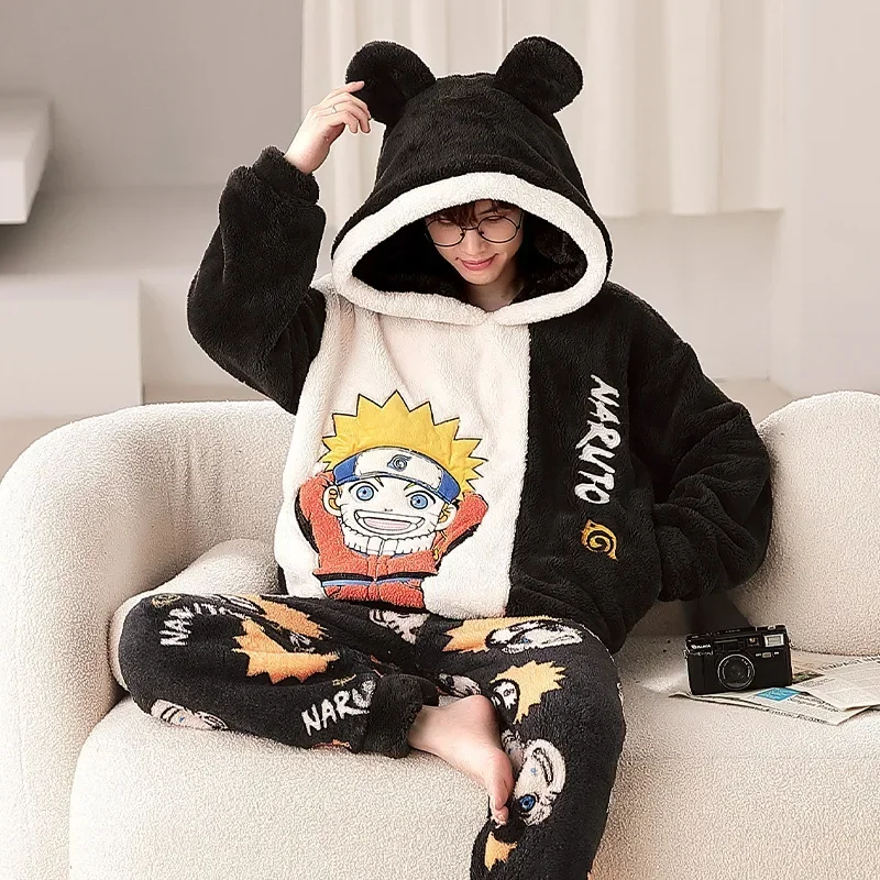 

Anime NARUTO Sleepwear Men's Autumn Winter Coral Plush Thicken Loungewear Cartoon Large Size Student Warm Pajamas Set Xmas Gift