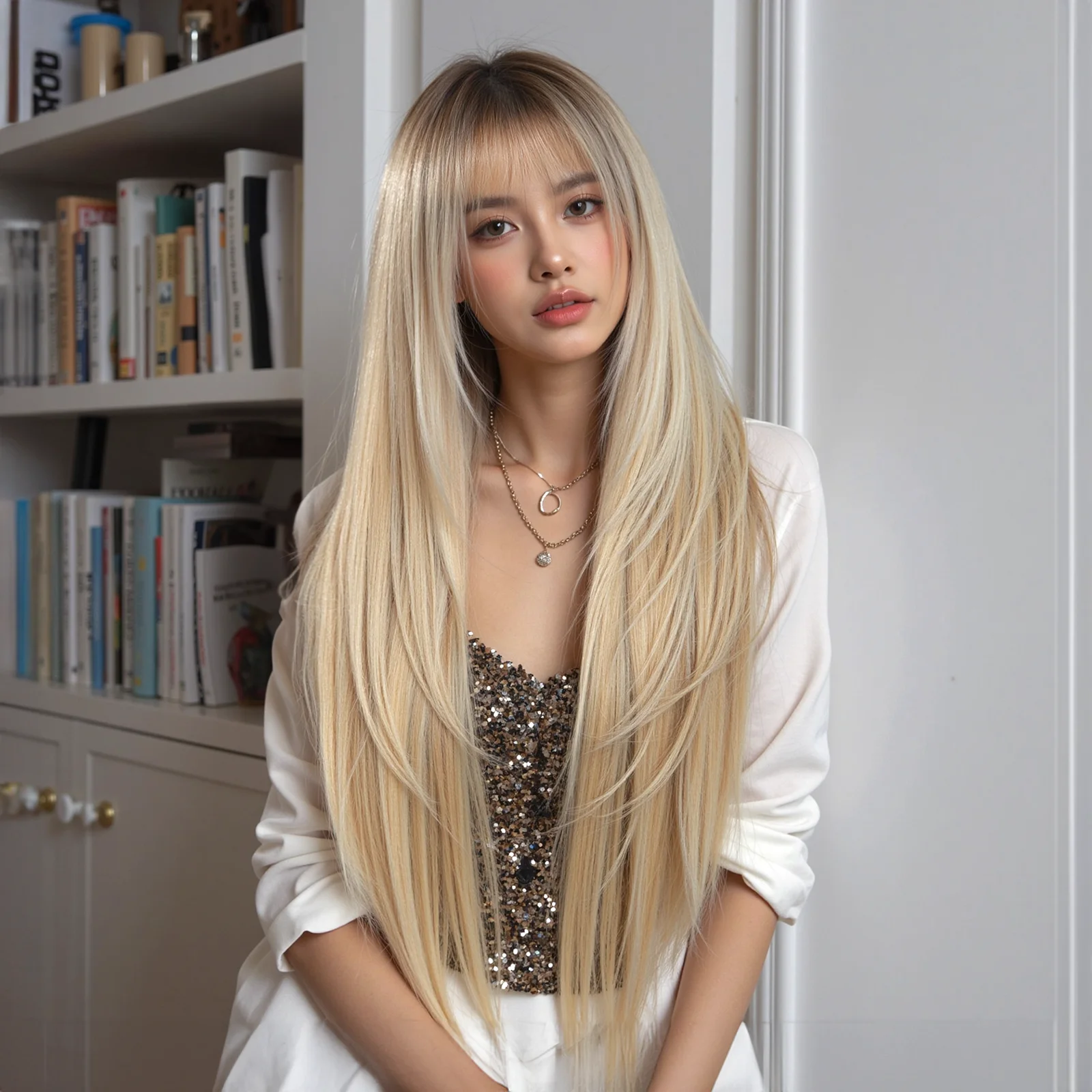 Blonde braune Ombre-Synthetik-Perücken, lange, gerade, geschichtete Perücke mit Pony für weiße Frauen, Cosplay, natürliches Kunsthaar, hitzebeständig – Detail 7