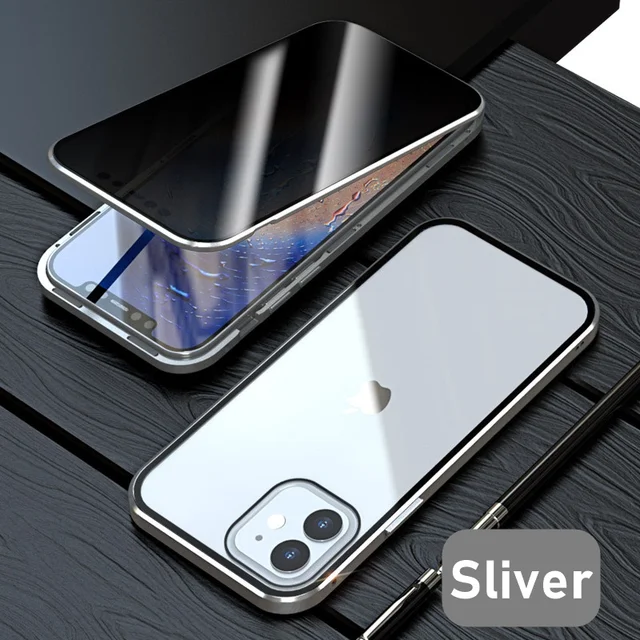 Tongdaytech Privacy Magnetic Case For Iphone XS 13 12 11 Pro MAX XR 6 7 8 Plus Magnet Metal Tempered Glass 360 Protective Cover Sliver