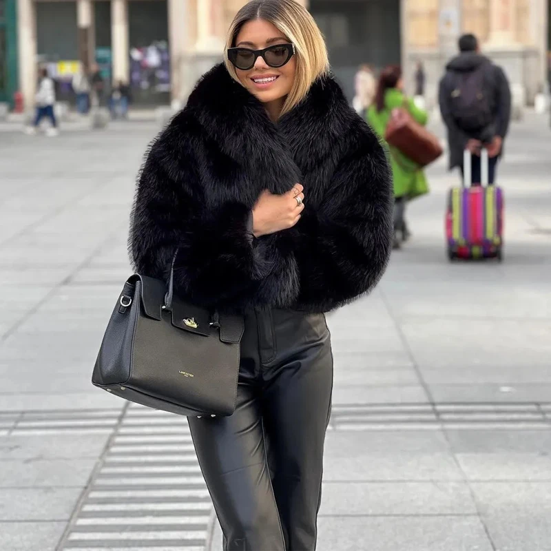 TRAF Black Faux Fur Coat for Women Autumn Winter Plush Wool Coats Black Wool & Blends Coats Outerwears Long Sleeve Warm Fur Coat 5