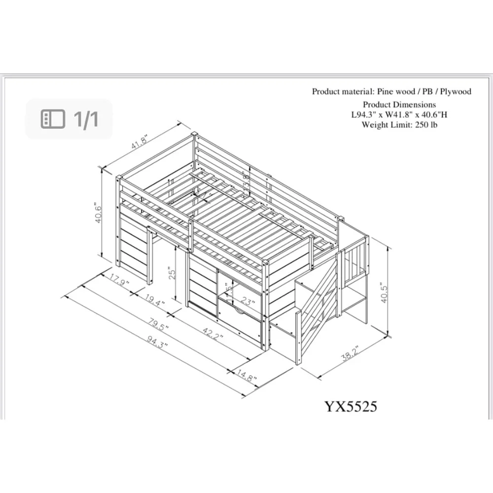 Children Beds, Twin Size Low Loft Bed for Kids, Wood Loft, Bed Is Made of Solid Pine, Particle Board, Plywood Side Rails 2