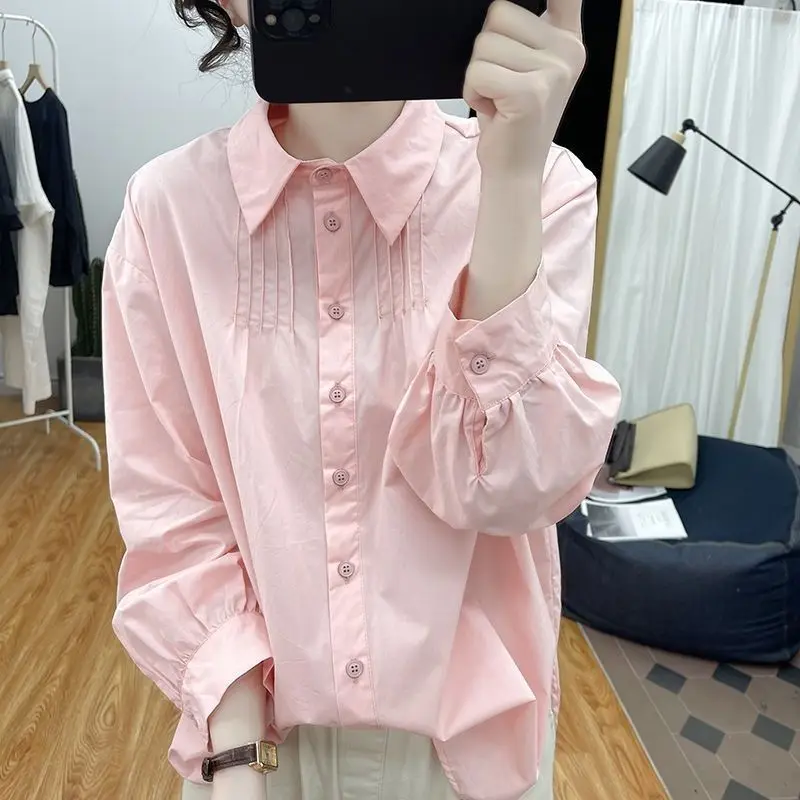 

Sweet Girl's Pink Shirts Lapel Long Sleeve Shirt Woman Spring Korean Loose Pleated Top Cute Girl Japanese Peter Pan Collar