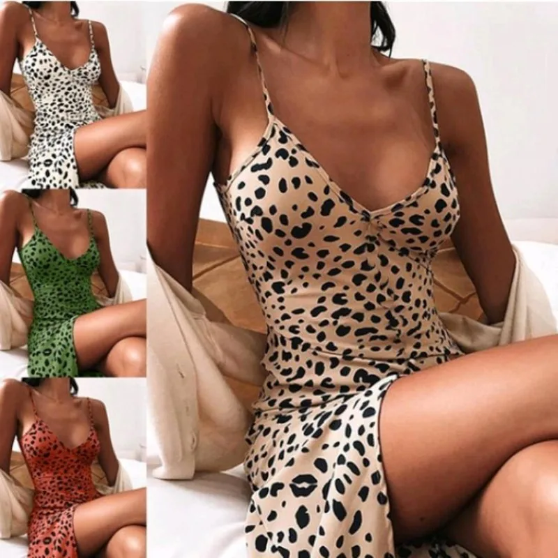 

2024 Women's Spaghetti Strap Printed Dress for Women Fashion Floral Skirt New Sexy Sling Leopard Print Slim-type Sheath Sundress