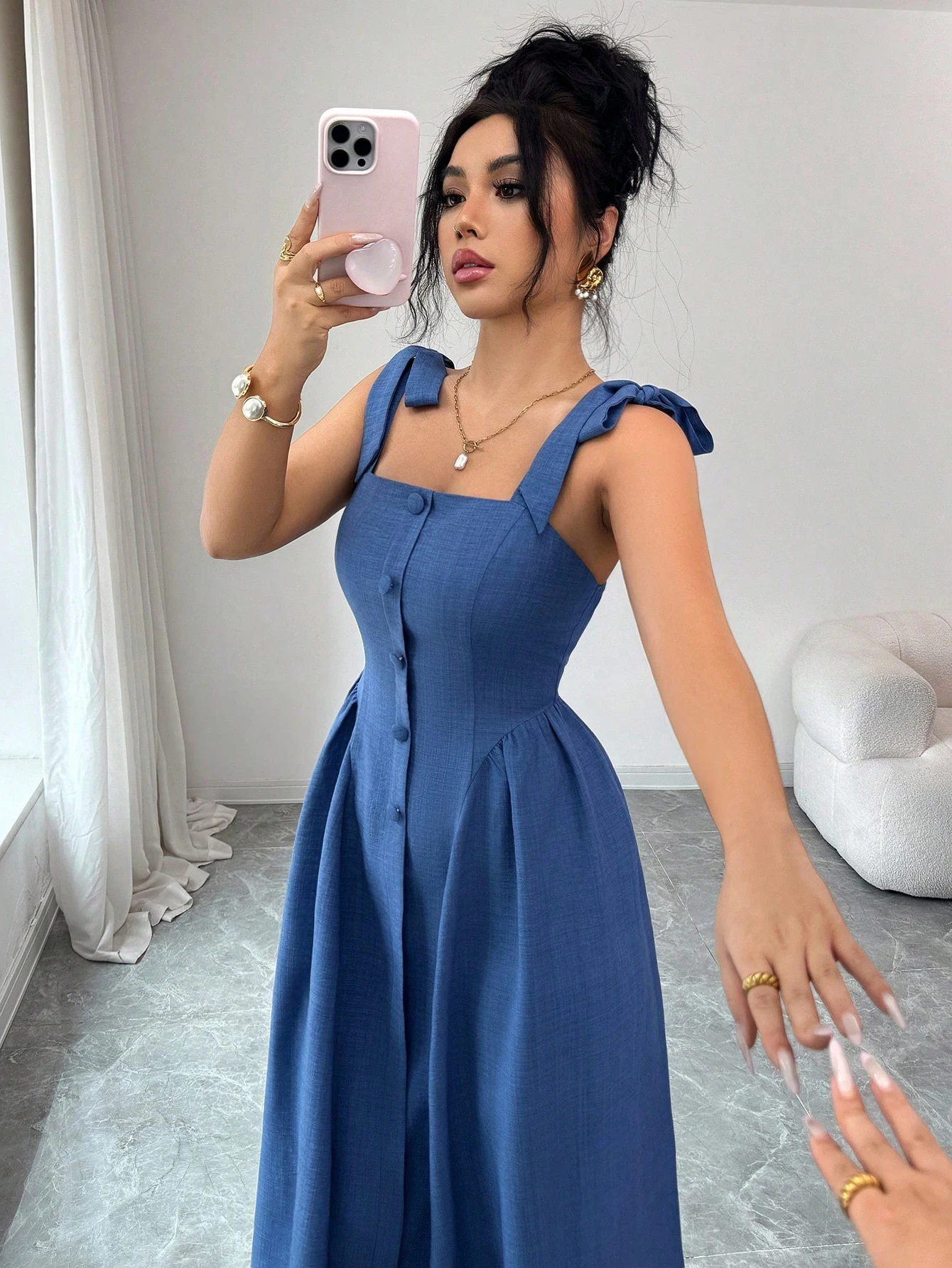 Elegante Abito Lungo da Donna in Tinta Unita, Vestito Leggero e Alla Moda - immagine 3