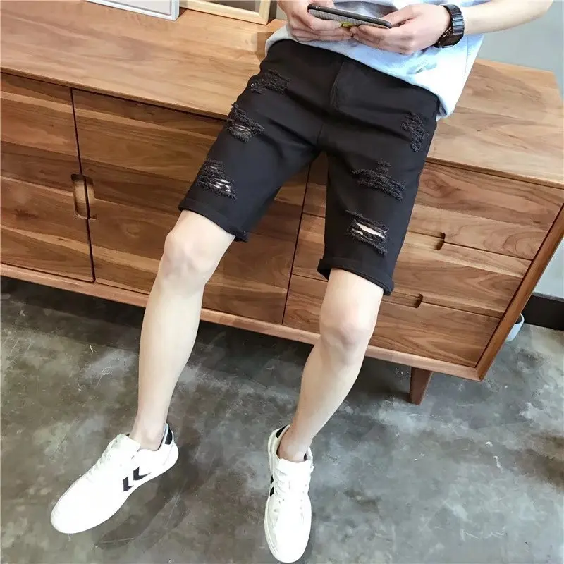 2023 New Men's Denim Shorts Ripped Five Quarter Pants Trend Korean Version Slim Mid-length Pants Summer Thin Style Loose Jeans