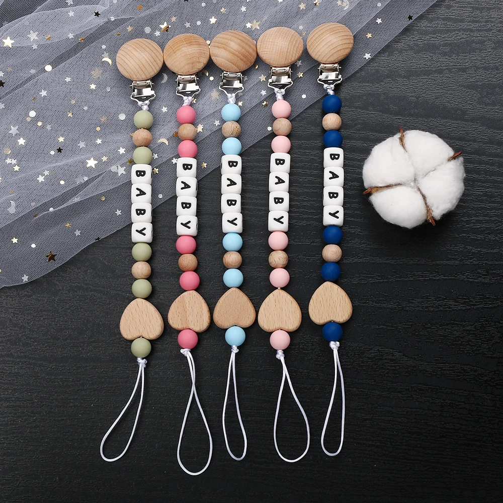 Personalized Name Baby Pacifier Clips Chains Heart Silicone Beads Teethers Dummy Nipple Holder Clip Newborn Chew Teething Toys